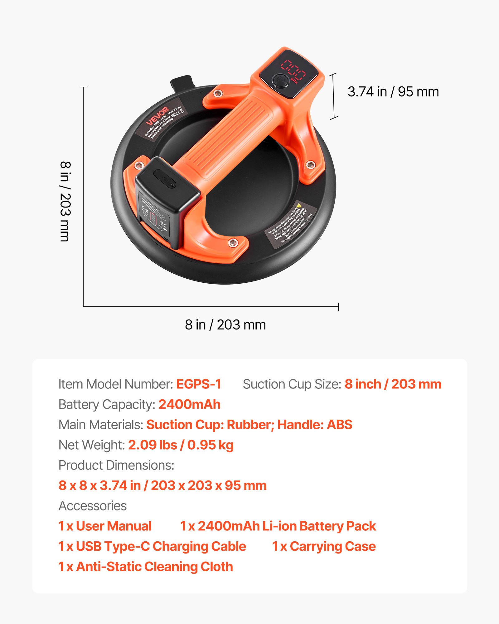 VEVOR Electric Suction Cup, 203 mm Vacuum Glass Lifter with Digital Display for Suction Power & Battery Level, 200 kg Max Lifting Capacity Tile Suction Cup Tool for Lifting Tile, Granite (1-Pack)