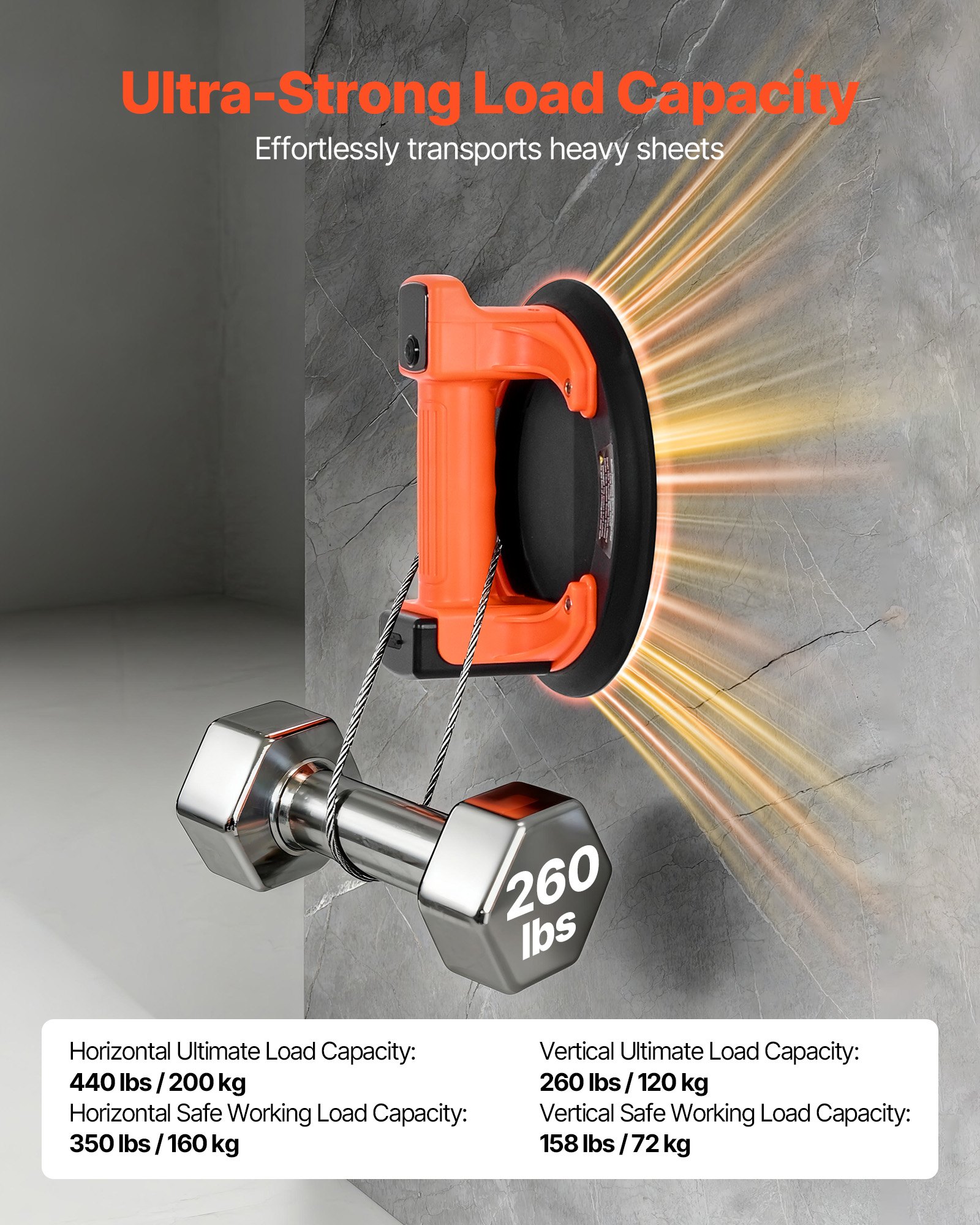 VEVOR Akku Saugheber, 203 mm Vakuum-Glassauger mit digitaler Anzeige für Saugkraft & Akkustand, 200 kg max. Hubkapazität, Fliesen-Saugnapf-Werkzeug zum Anheben von Fliesen, Granit (1er-Pack)