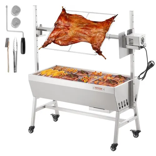 VEVOR Lammgrill, Spanferkelgrill, Spießbratengrill, 61 kg BBQ-Holzkohle-Spießgrill für ganzes Schwein, Lamm, Ziege, elektrischer 42-W-Motor, Edelstahl-Drehspießröster mit feststellbaren Rädern