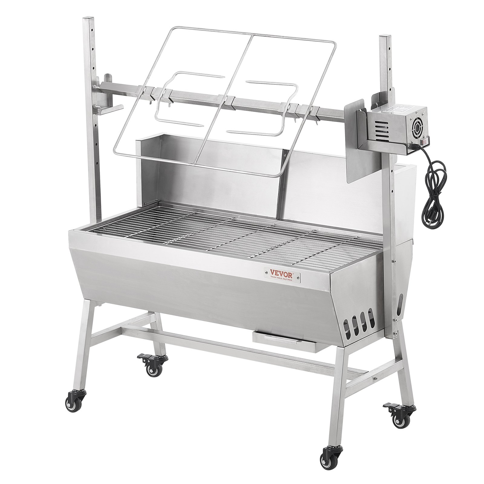 VEVOR Lammgrill, Spanferkelgrill, Spießbratengrill, 61 kg rollbarer BBQ-Holzkohle-Spießgrill für Schwein, Lamm, Ziege, elektrischer 42-W-Motor, Edelstahl Drehspießröster mit Windschutzscheibe