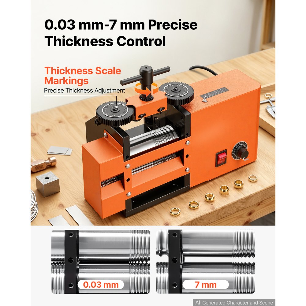 VEVOR Elektrisches Schmuckwalzwerk 3-in-1 Walzwerk Flach Vierkant Halbrund, Werkzeug für DIY-Schmuckhersteller, Einstellbare Dicke 0,03–7 mm, zum Pressen von Duktilen Metallen wie Gold Silber Kupfer