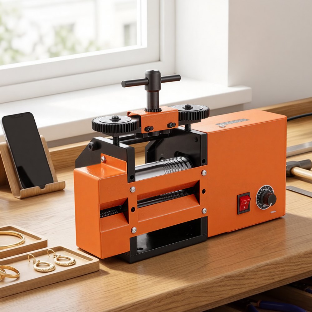 VEVOR Elektrisches Schmuckwalzwerk 3-in-1 Walzwerk Flach Vierkant Halbrund, Werkzeug für DIY-Schmuckhersteller, Einstellbare Dicke 0,03–7 mm, zum Pressen von Duktilen Metallen wie Gold Silber Kupfer