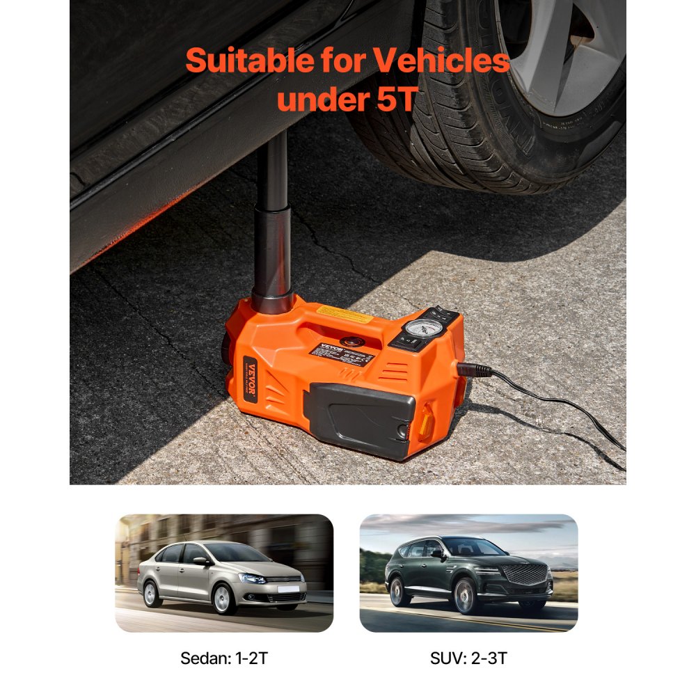 VEVOR elektrischer Wagenheber 5 t Scherenwagenheber mit eingebauter Pumpe, 12 V verstellbarer Reifenwechselersatz mit sicherem Hammer & LED-Licht, tragbares Wagenheber-Set für Limousine SUV Lkw