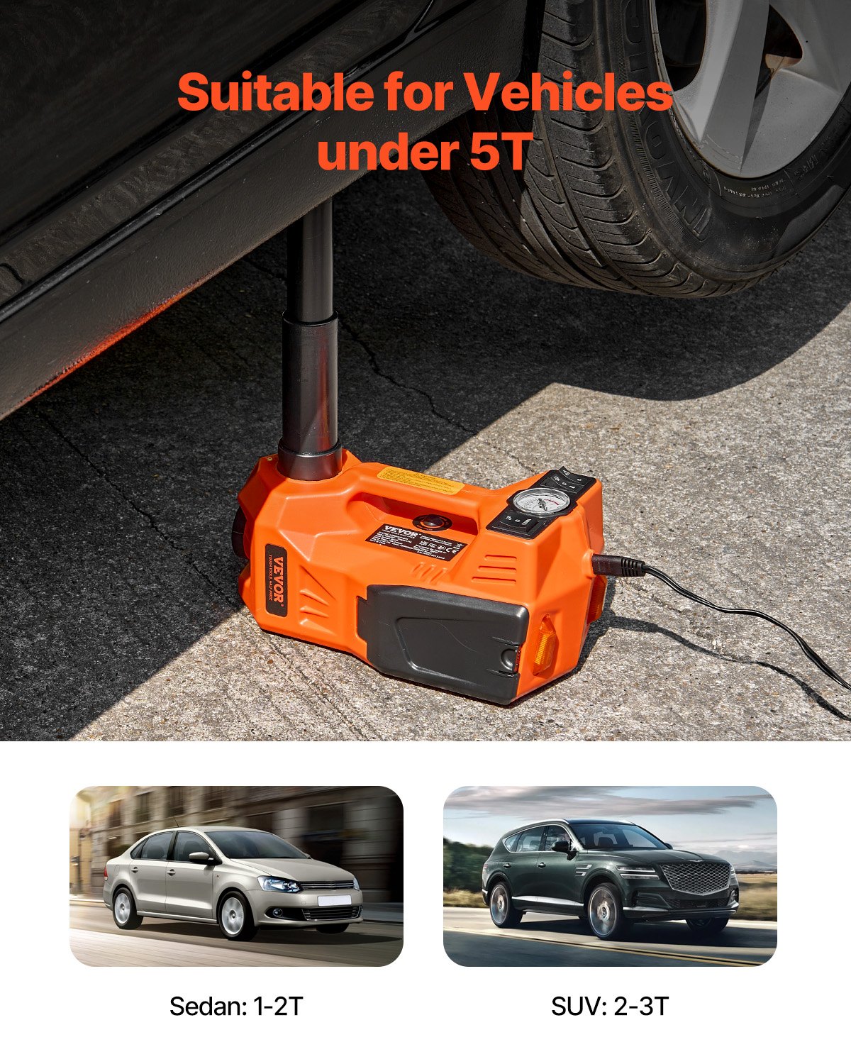 VEVOR elektrischer Wagenheber 5 t Scherenwagenheber mit eingebauter Pumpe, 12 V verstellbarer Reifenwechselersatz mit sicherem Hammer & LED-Licht, tragbares Wagenheber-Set für Limousine SUV Lkw