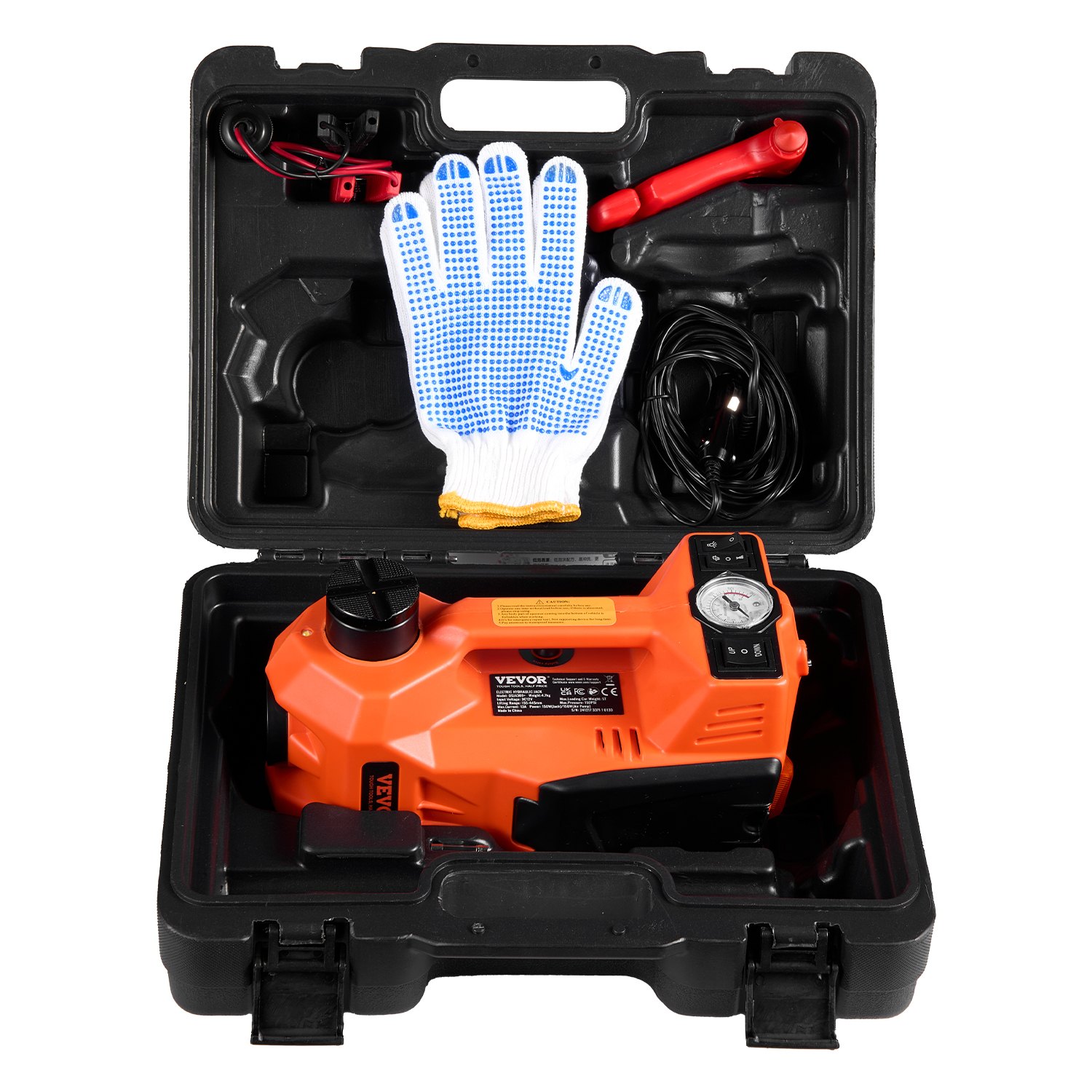 VEVOR 5-ton electric scissor jack with built-in pump, 12V adjustable tire changer kit with safety hammer & LED light, portable jack set for sedans, SUVs, and trucks