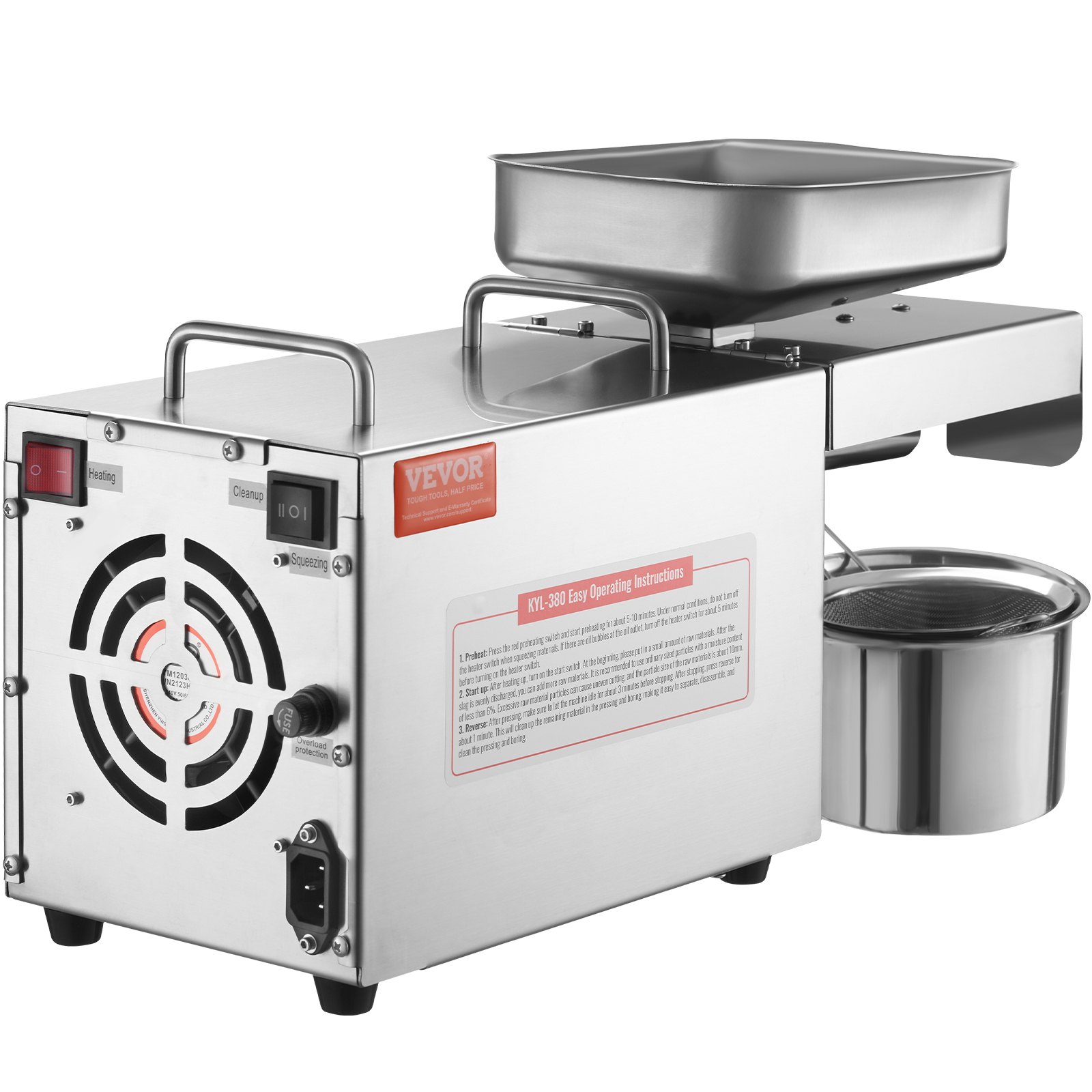 VEVOR Elektrische Ölpresse, 700 W Edelstahl-Ölextraktionsmaschine, 140 ℃ Konstante Temperatur, Heißpress-Ölpresse zum Pressen von Erdnüssen, Sesamsamen, Raps, Teesamen