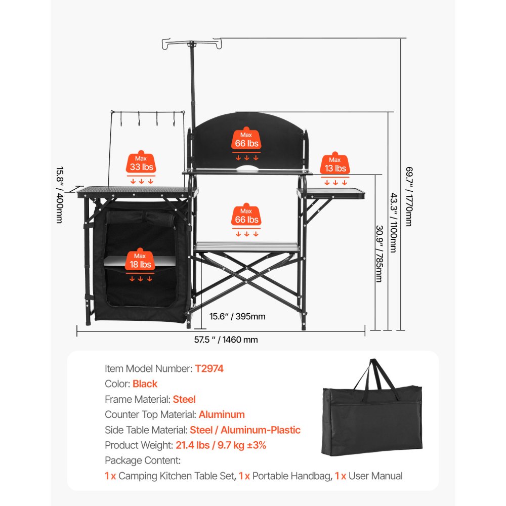 VEVOR Camping Küchentisch Outdoor Kochtisch, tragbare Kochstation aus Aluminium mit Lagerschrank & Tragetasche, & abnehmbarer Windschutzscheibe, für Grillpartys Picknicks Wohnmobilreisen, schwarz