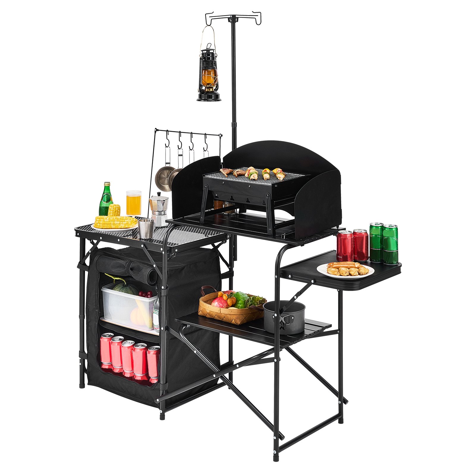 VEVOR Camping Küchentisch Outdoor Kochtisch, tragbare Kochstation aus Aluminium mit Lagerschrank & Tragetasche, & abnehmbarer Windschutzscheibe, für Grillpartys Picknicks Wohnmobilreisen, schwarz