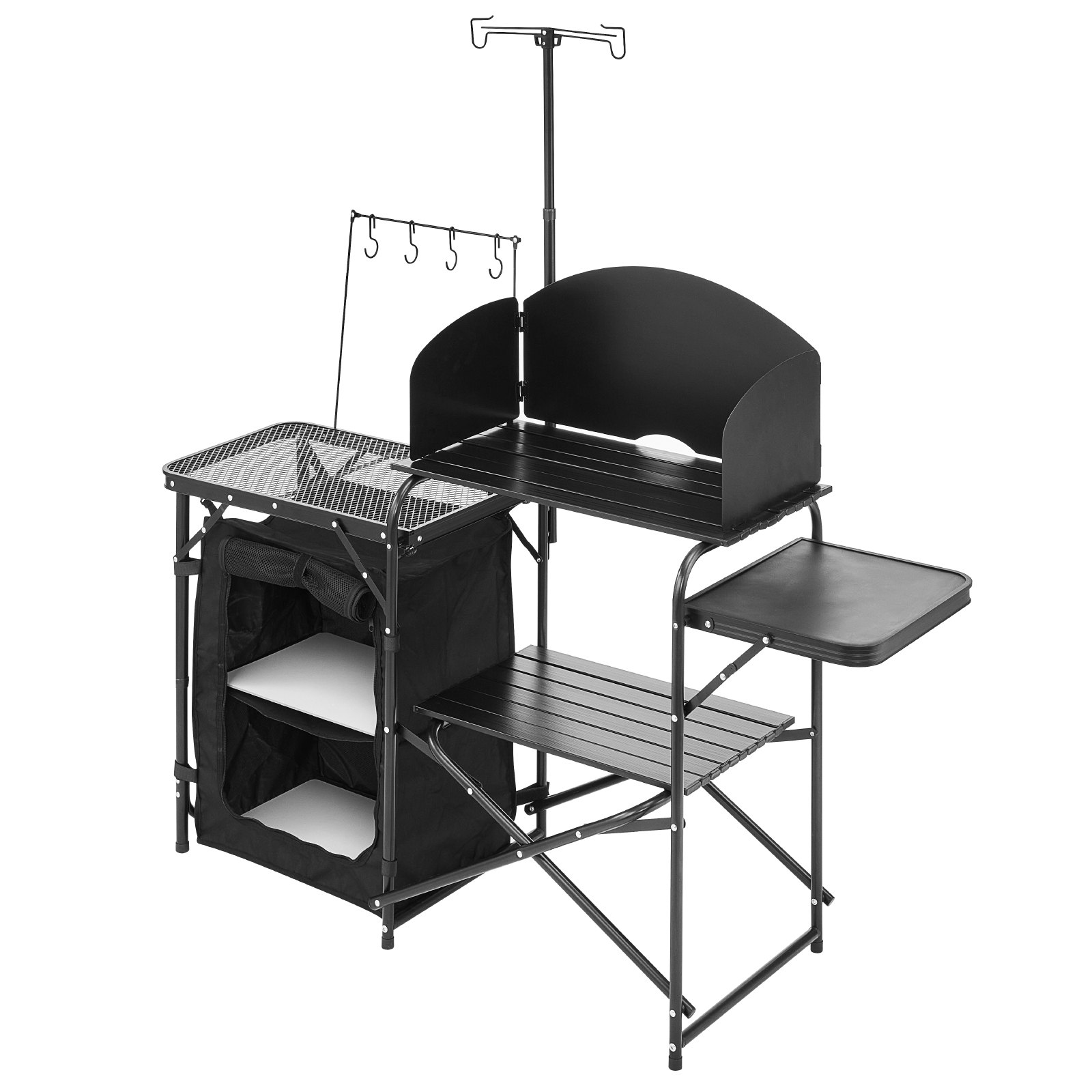 VEVOR Camping Küchentisch Outdoor Kochtisch, tragbare Kochstation aus Aluminium mit Lagerschrank & Tragetasche, & abnehmbarer Windschutzscheibe, für Grillpartys Picknicks Wohnmobilreisen, schwarz