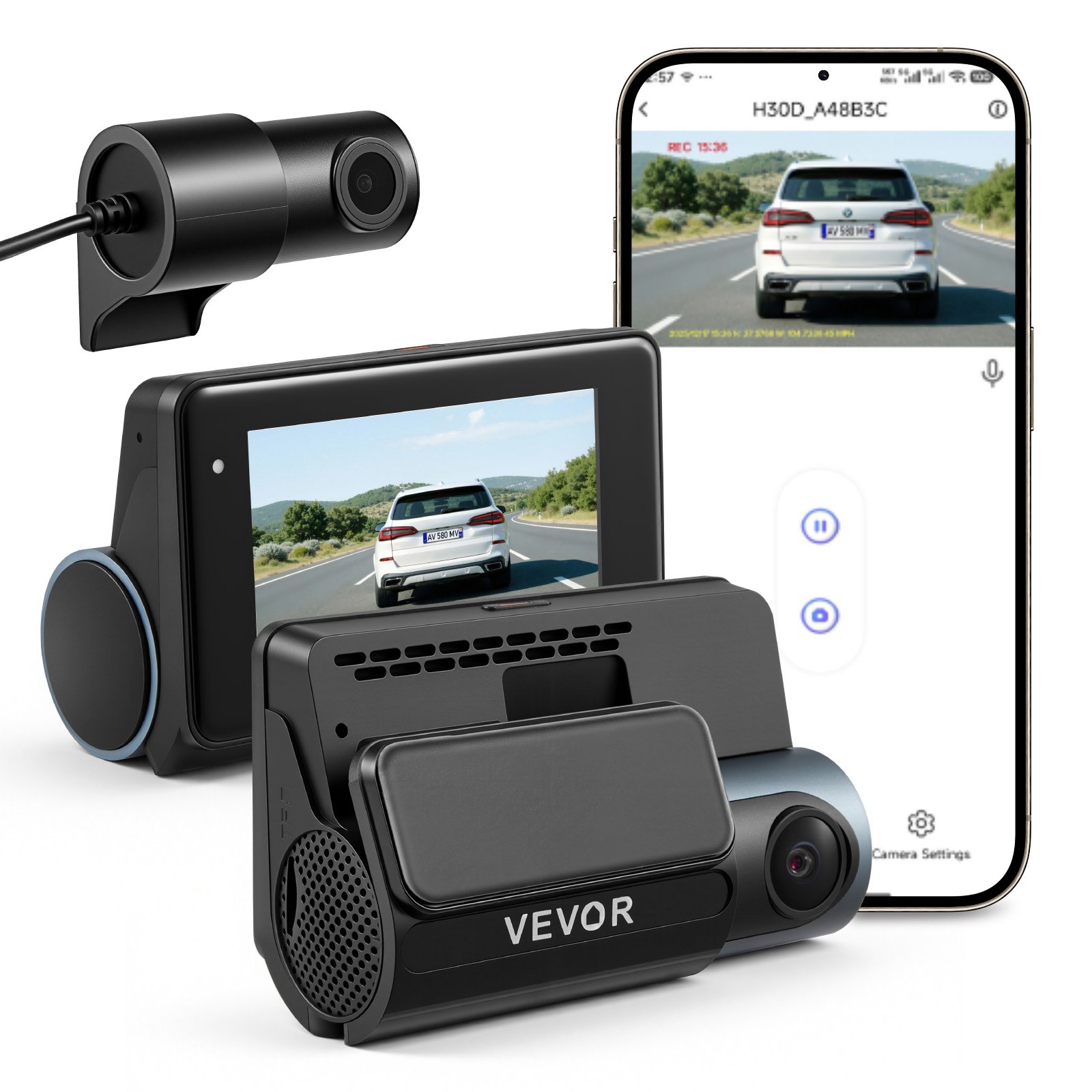 VEVOR Dash Cam Front and Rear, 4K+1080P, WiFi APP Control, Dual Channel Dash Camera for Cars with Built-in GPS, G-Sensor, Front 123° & Rear 125°, 76.2 mm Large Screen, Loop Recording, Parking Mode