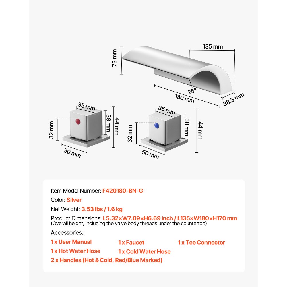 VEVOR römische Badewannenarmatur Wannenarmaturen-Set mit 3 Löchern & 2 Griffen, Badewannenhahn aus Edelstahl mit niedrigem Auslauf für die Deckmontage zum Waschen von Haustieren Silber