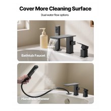 VEVOR römische Badewannenarmatur mit 3 Löchern, Wannenarmaturen-Set mit Handbrause & 1 Griff, Mattschwarz Hochdurchfluss-Badewannenhahn mit doppelten Wasserflussoptionen Deckenmontage