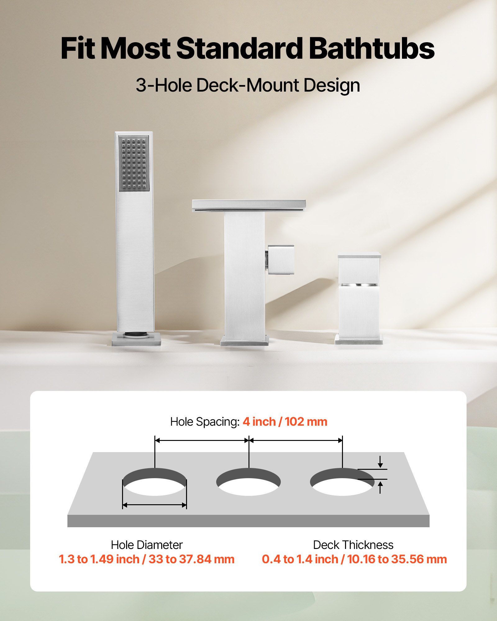 VEVOR römische Badewannenarmatur mit 3 Löchern, Wannenarmatur mit Handbrause & 1 Griff, Hochdurchfluss-Badewannenhahn aus gebürsteter Edelstahl mit doppelten Wasserflussoptionen Deckenmontage