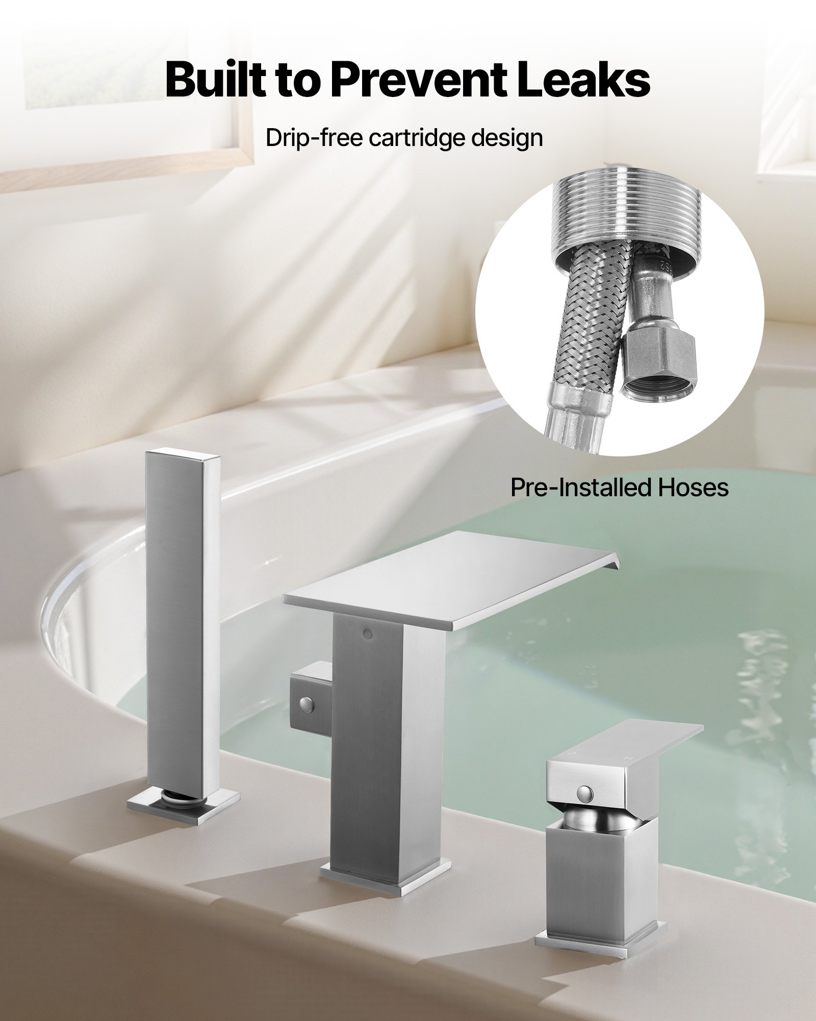 VEVOR römische Badewannenarmatur mit 3 Löchern, Wannenarmatur mit Handbrause & 1 Griff, Hochdurchfluss-Badewannenhahn aus gebürsteter Edelstahl mit doppelten Wasserflussoptionen Deckenmontage