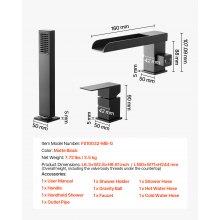 VEVOR römische Badewannenarmatur mit 3 Löchern, Wannenarmaturen-Set mit Handbrause & 1 Griff, Mattschwarz Hochdurchfluss-Badewannenhahn mit doppelten Wasserflussoptionen Deckenmontage Wasserhahn