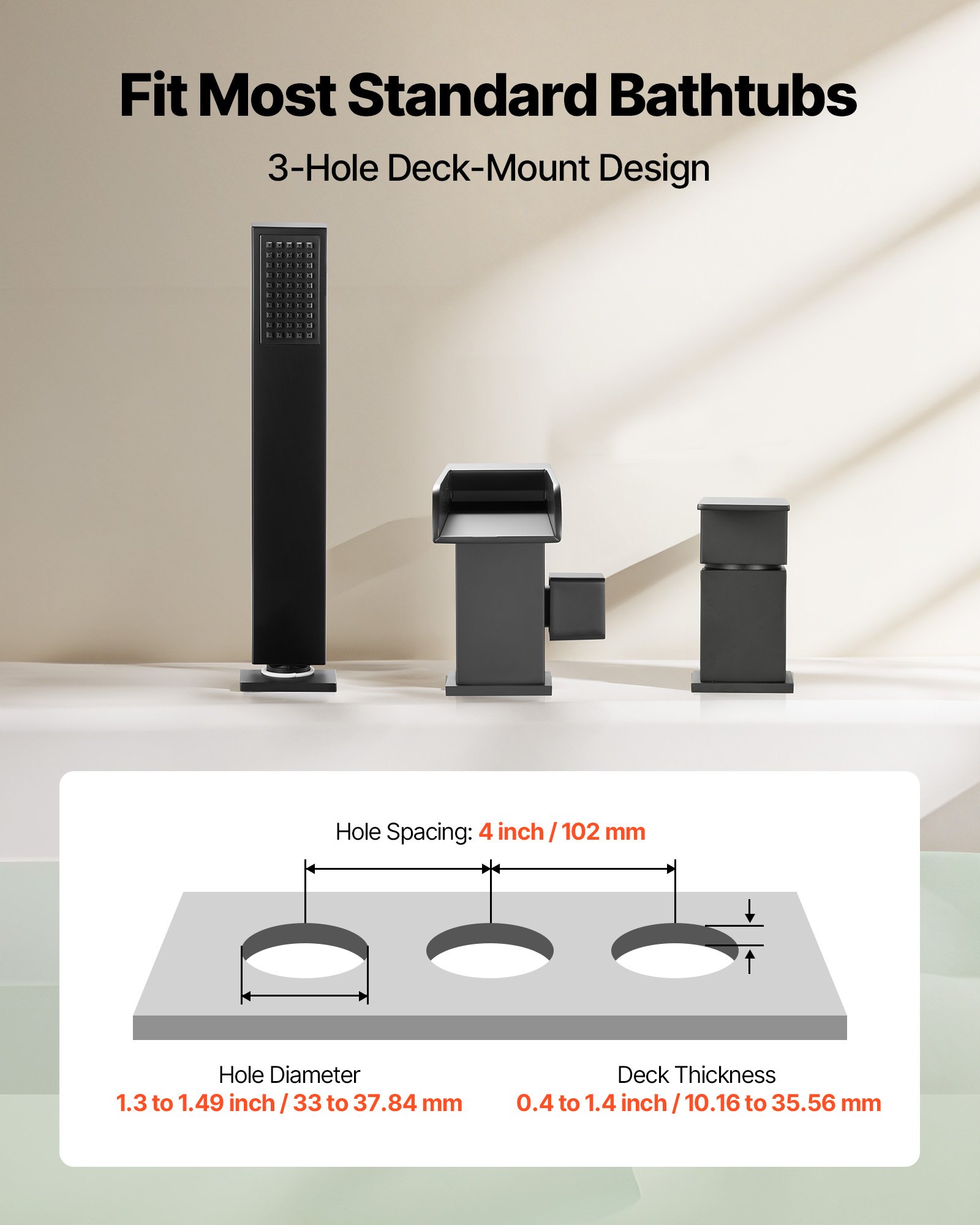 VEVOR römische Badewannenarmatur mit 3 Löchern, Wannenarmaturen-Set mit Handbrause & 1 Griff, Mattschwarz Hochdurchfluss-Badewannenhahn mit doppelten Wasserflussoptionen Deckenmontage Wasserhahn