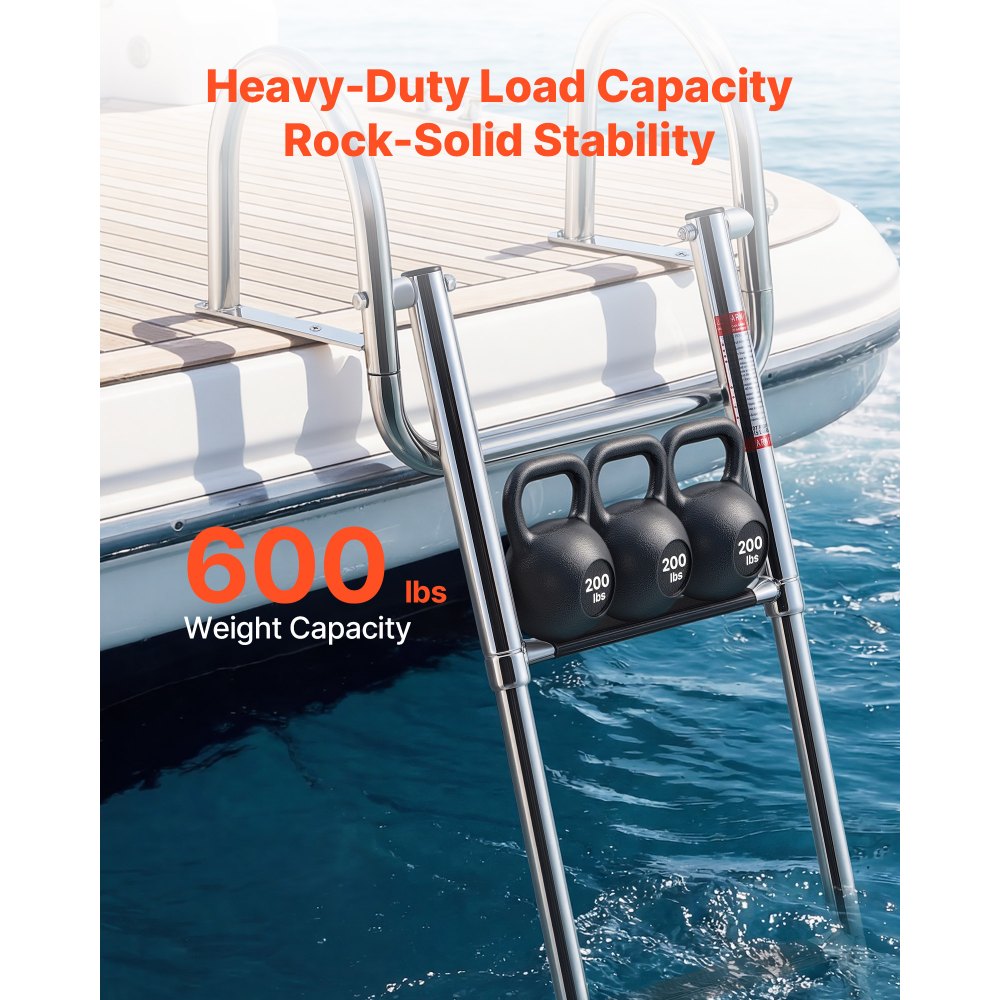 VEVOR Boat Ladder, 3 Steps, Stainless Steel Telescoping Folding Swim Deck Ladder for Rear Entry Inboard, 272.16 kg Capacity with Wide Anti-Slip Steps & Handrails, for Outboards, Yacht, Pontoon Boats