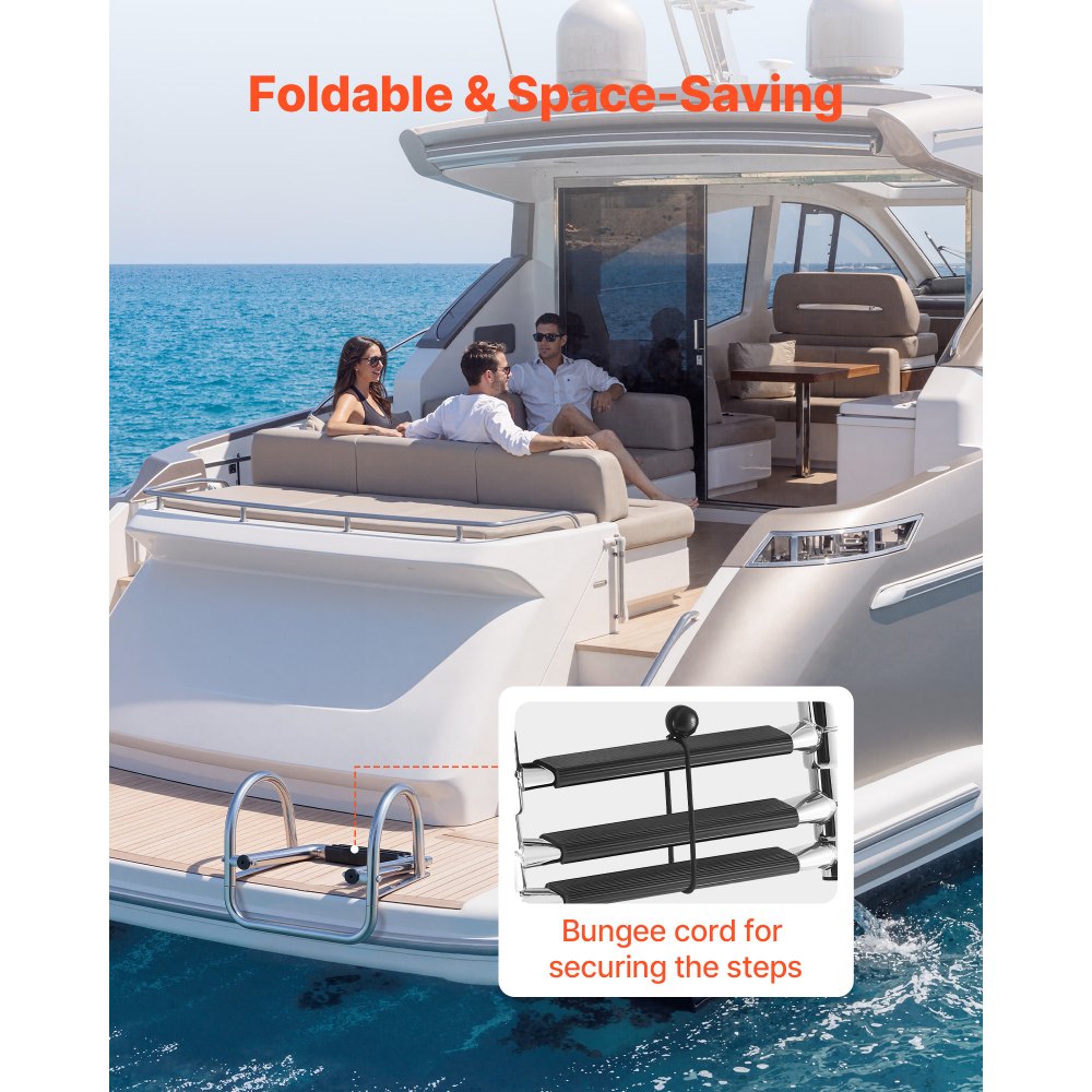 VEVOR Boat Ladder, 3 Steps, Stainless Steel Telescoping Folding Swim Deck Ladder for Rear Entry Inboard, 272.16 kg Capacity with Wide Anti-Slip Steps & Handrails, for Outboards, Yacht, Pontoon Boats