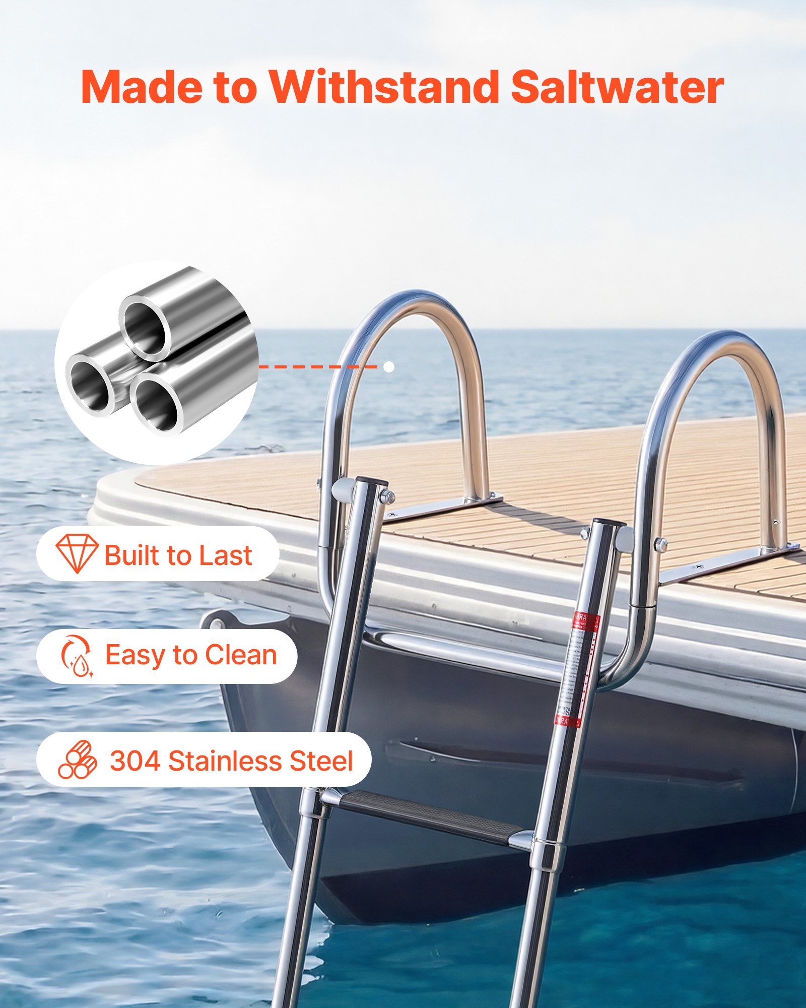 VEVOR Boat Ladder, 3 Steps, Stainless Steel Telescoping Folding Swim Deck Ladder for Rear Entry Inboard, 272.16 kg Capacity with Wide Anti-Slip Steps & Handrails, for Outboards, Yacht, Pontoon Boats