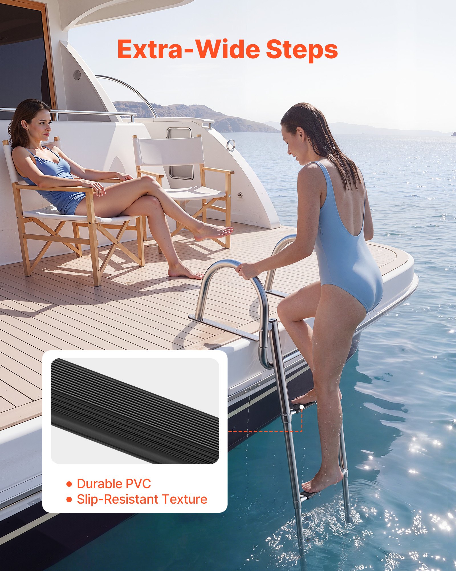 VEVOR Boat Ladder, 3 Steps, Stainless Steel Telescoping Folding Swim Deck Ladder for Rear Entry Inboard, 272.16 kg Capacity with Wide Anti-Slip Steps & Handrails, for Outboards, Yacht, Pontoon Boats