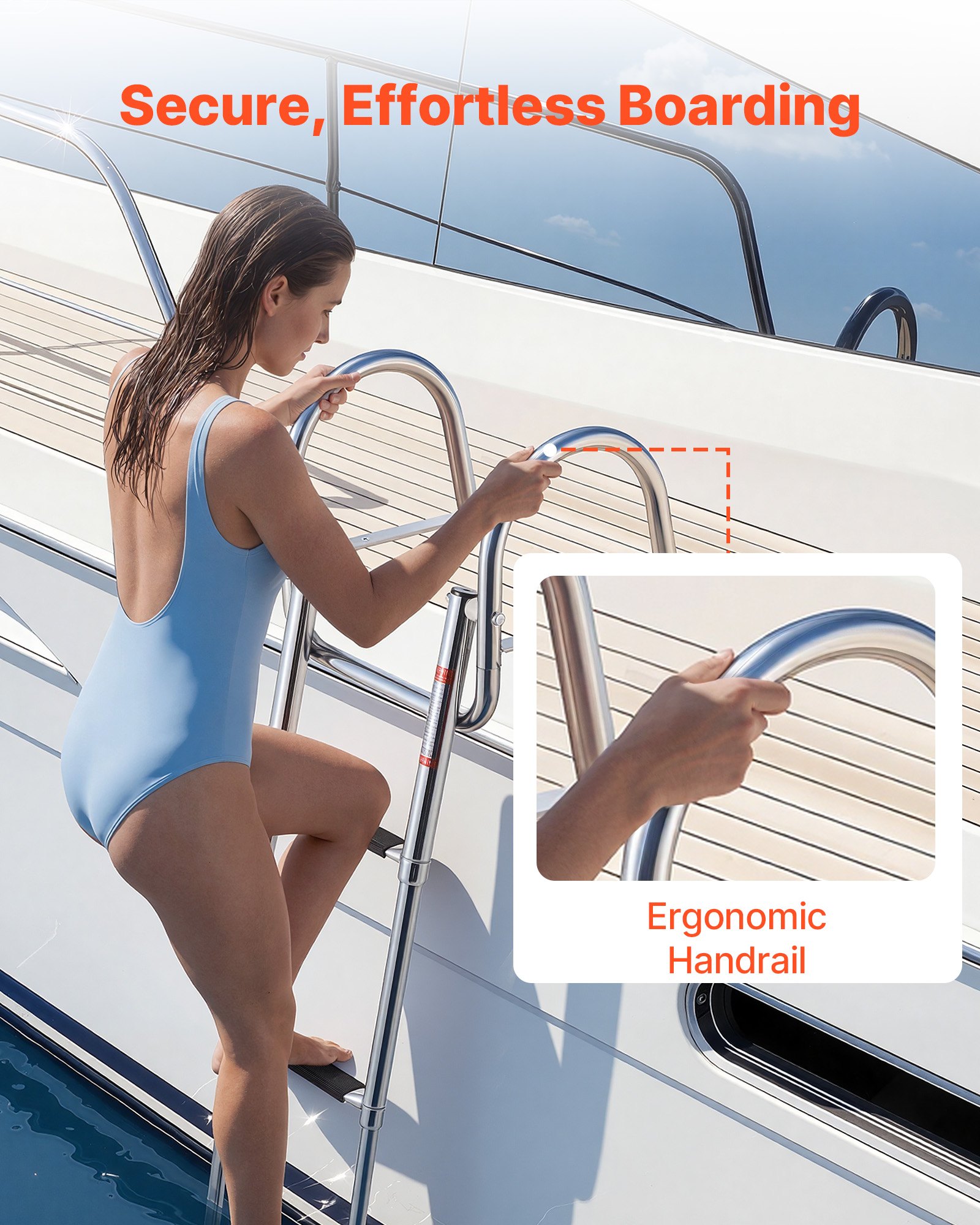 VEVOR Boat Ladder, 3 Steps, Stainless Steel Telescoping Folding Swim Deck Ladder for Rear Entry Inboard, 272.16 kg Capacity with Wide Anti-Slip Steps & Handrails, for Outboards, Yacht, Pontoon Boats