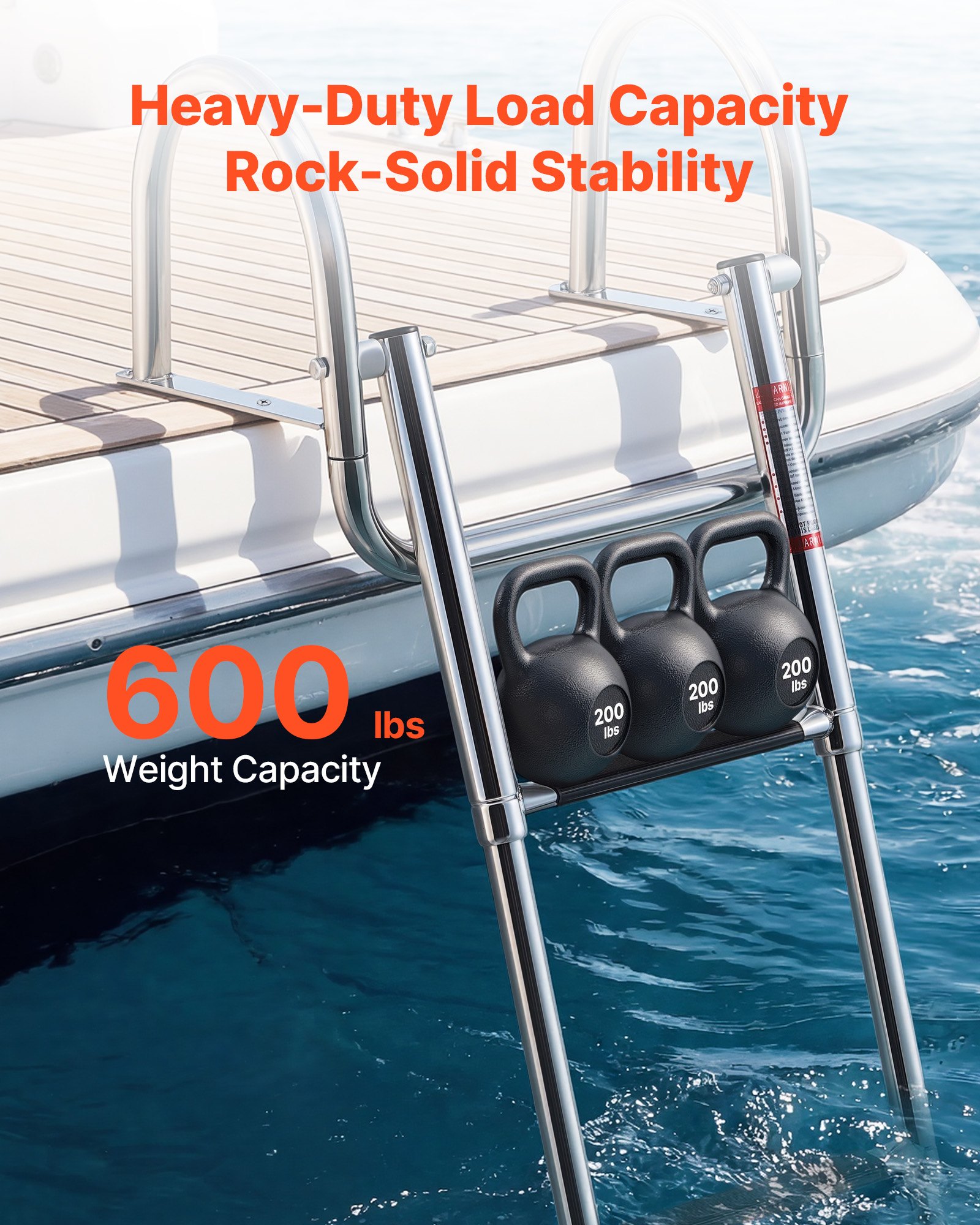 VEVOR Boat Ladder, 3 Steps, Stainless Steel Telescoping Folding Swim Deck Ladder for Rear Entry Inboard, 272.16 kg Capacity with Wide Anti-Slip Steps & Handrails, for Outboards, Yacht, Pontoon Boats