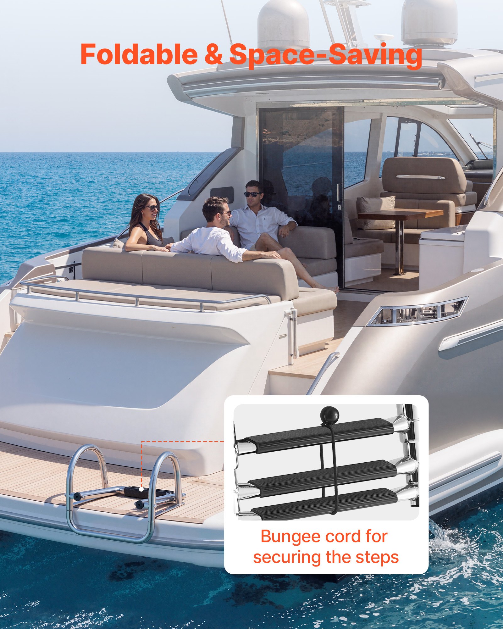 VEVOR Boat Ladder, 3 Steps, Stainless Steel Telescoping Folding Swim Deck Ladder for Rear Entry Inboard, 272.16 kg Capacity with Wide Anti-Slip Steps & Handrails, for Outboards, Yacht, Pontoon Boats