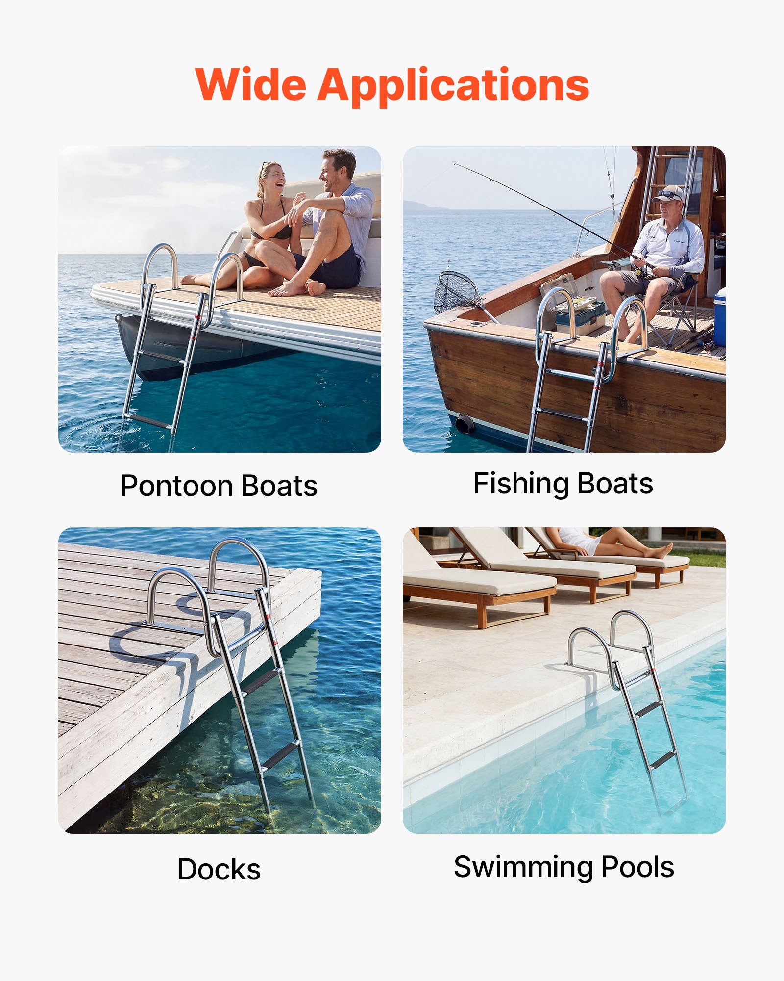 VEVOR Boat Ladder, 3 Steps, Stainless Steel Telescoping Folding Swim Deck Ladder for Rear Entry Inboard, 272.16 kg Capacity with Wide Anti-Slip Steps & Handrails, for Outboards, Yacht, Pontoon Boats