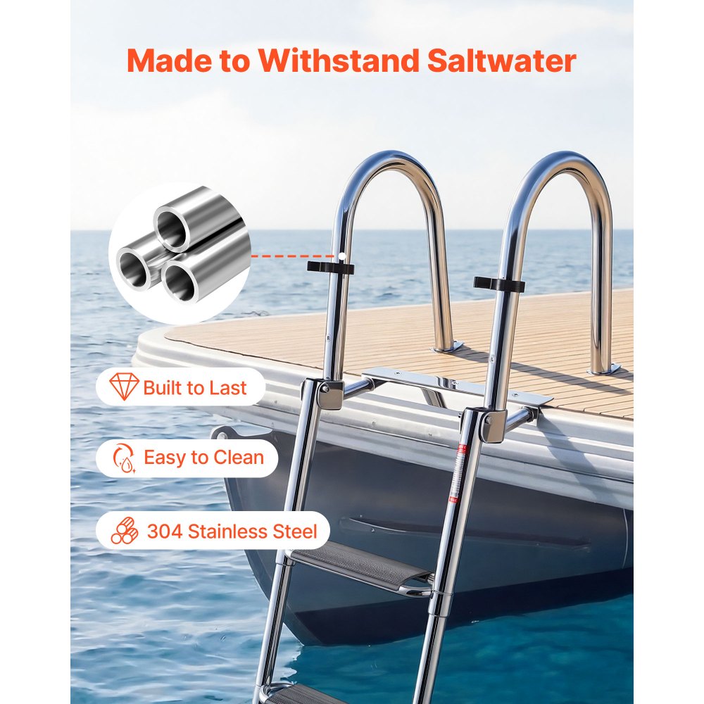 VEVOR Boat Ladder, 4 Steps, Stainless Steel Telescoping Folding Swim Deck Ladder for Rear Entry Inboard, 272.16 kg Capacity, Extra Wide Anti-Slip Steps & Handrails, for Outboards, Yacht, Pontoon Boats