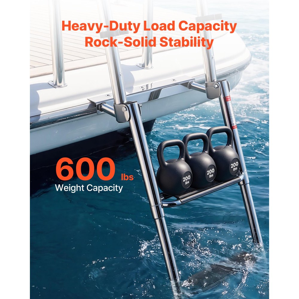 VEVOR Boat Ladder, 4 Steps, Stainless Steel Telescoping Folding Swim Deck Ladder for Rear Entry Inboard, 272.16 kg Capacity, Extra Wide Anti-Slip Steps & Handrails, for Outboards, Yacht, Pontoon Boats