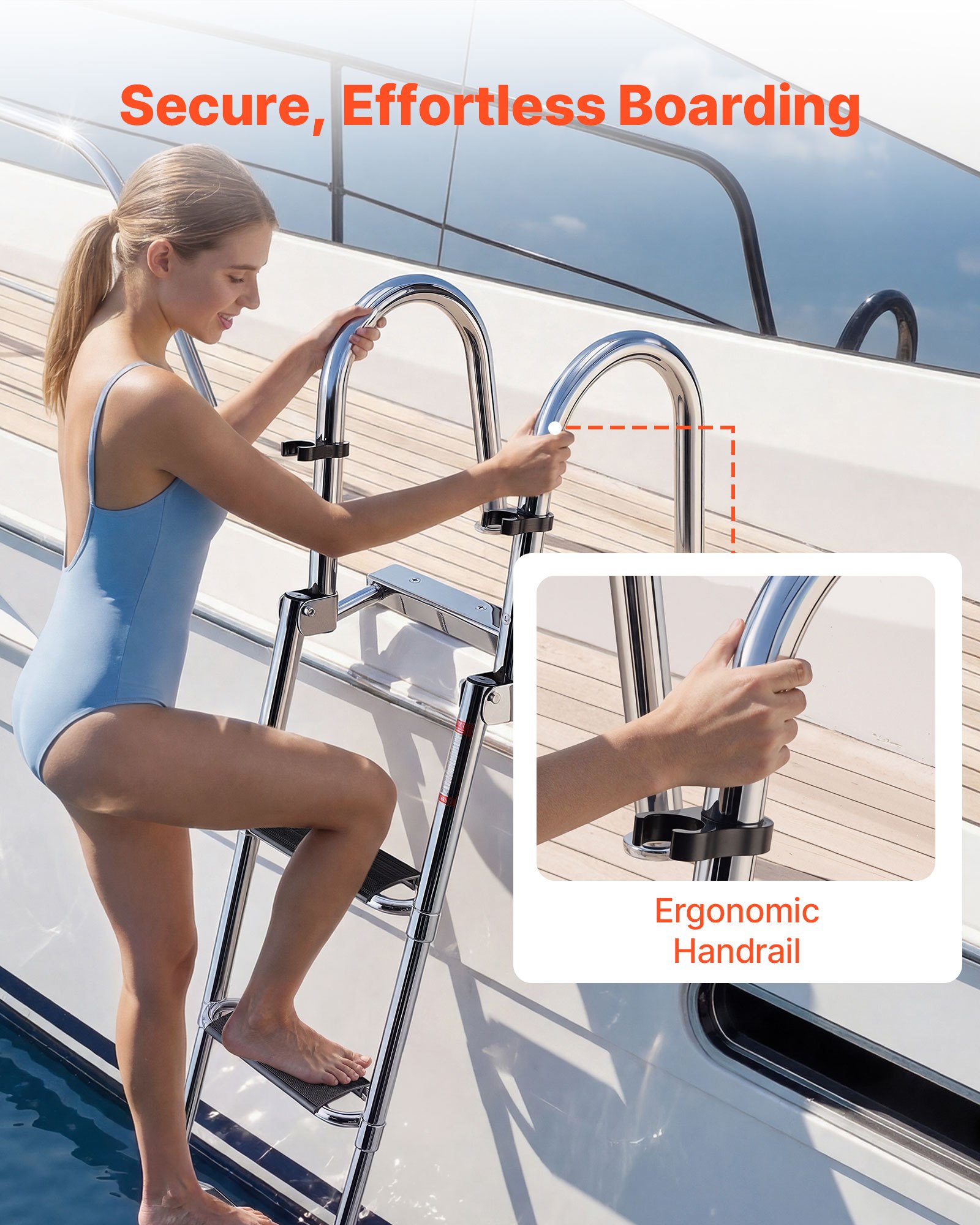 VEVOR Boat Ladder, 4 Steps, Stainless Steel Telescoping Folding Swim Deck Ladder for Rear Entry Inboard, 272.16 kg Capacity, Extra Wide Anti-Slip Steps & Handrails, for Outboards, Yacht, Pontoon Boats