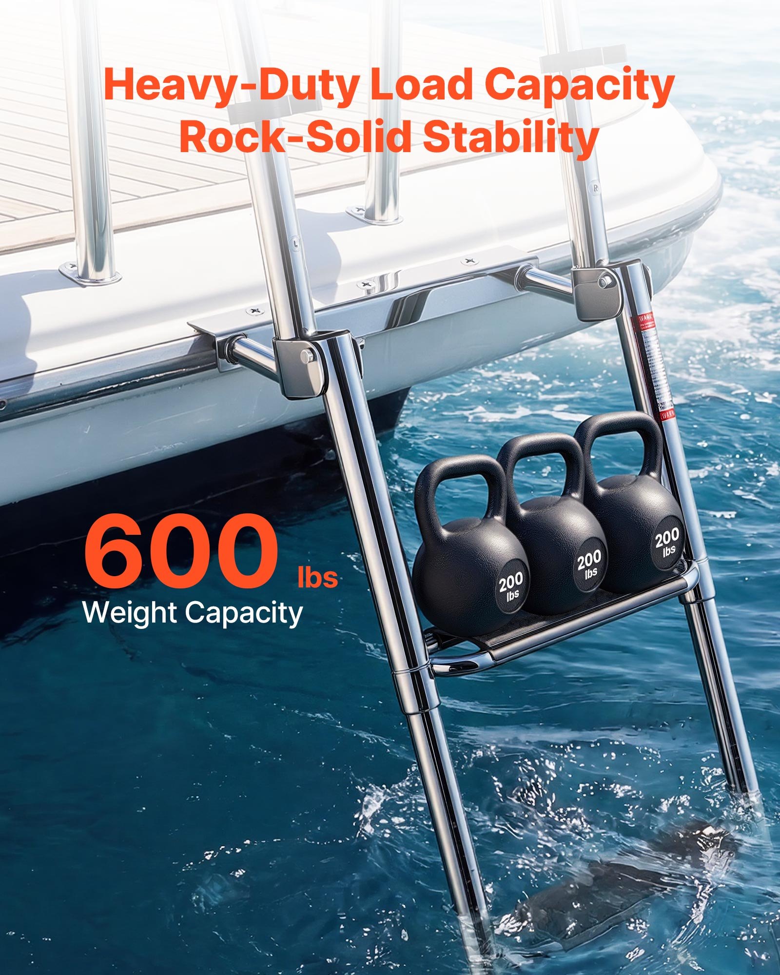 VEVOR Boat Ladder, 4 Steps, Stainless Steel Telescoping Folding Swim Deck Ladder for Rear Entry Inboard, 272.16 kg Capacity, Extra Wide Anti-Slip Steps & Handrails, for Outboards, Yacht, Pontoon Boats