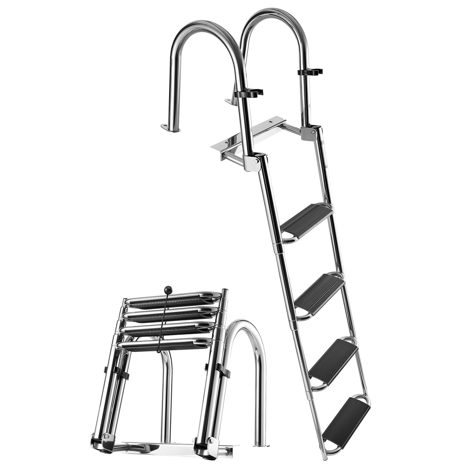 VEVOR Boat Ladder, 4 Steps, Stainless Steel Telescoping Folding Swim Deck Ladder for Rear Entry Inboard, 272.16 kg Capacity, Extra Wide Anti-Slip Steps & Handrails, for Outboards, Yacht, Pontoon Boats