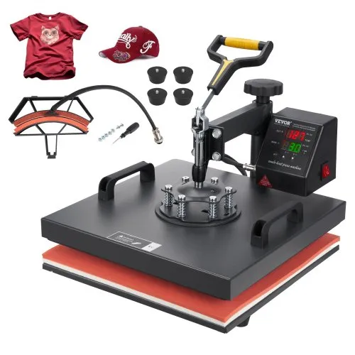 VEVOR Transferpresse 38x38cm 2-in-1 Swing-Away Sublimationsmaschine Schwarz, DIY für T-Shirts Kissen Taschen Handyhüllen Kappen, mit PTFE-Beschichtung, Temperaturregelung, 360°-Schwenkarm, LCD-Display