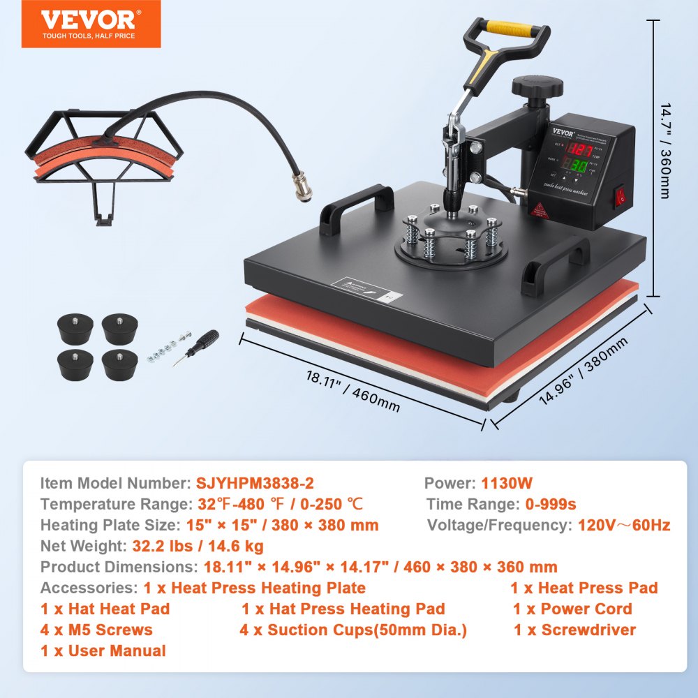 VEVOR Transferpresse 38 x 38 cm, Wärmepresse 220 V, Transferpresse 1200 W, Textilpresse 14 x  7,6 cm, Hemdenpresse Max. 250 °C, Sublimationspresse, Hobby T-Shirt Presse