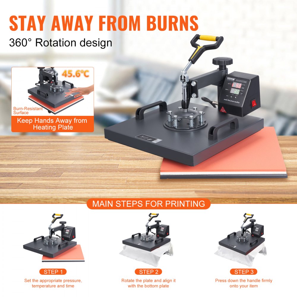 VEVOR Transferpresse 38 x 38 cm, Wärmepresse 220 V, Transferpresse 1200 W, Textilpresse 14 x  7,6 cm, Hemdenpresse Max. 250 °C, Sublimationspresse, Hobby T-Shirt Presse