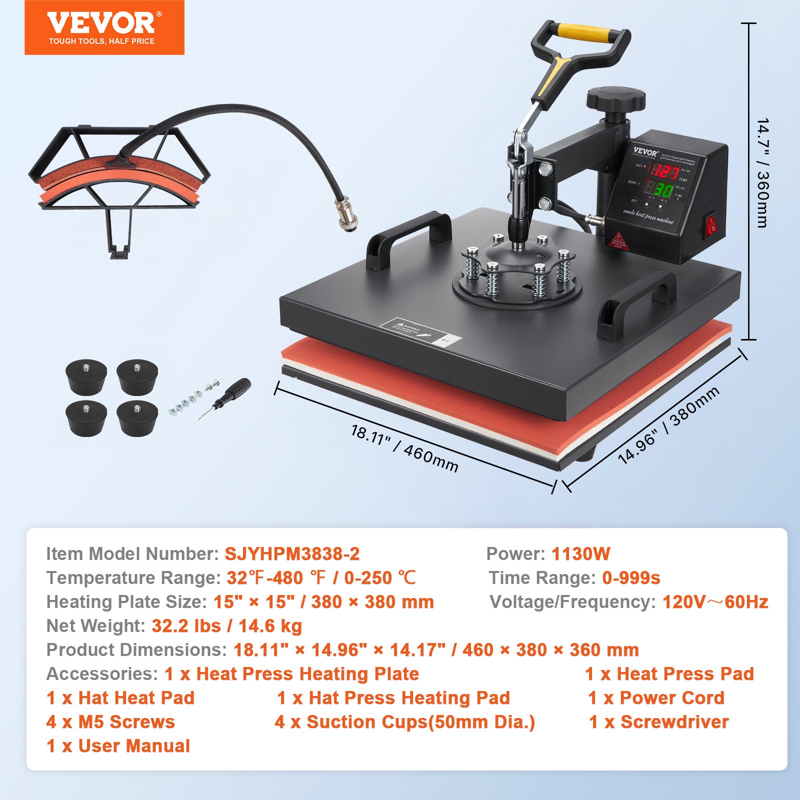 VEVOR Transferpresse 38 x 38 cm, Wärmepresse 220 V, Transferpresse 1200 W, Textilpresse 14 x  7,6 cm, Hemdenpresse Max. 250 °C, Sublimationspresse, Hobby T-Shirt Presse