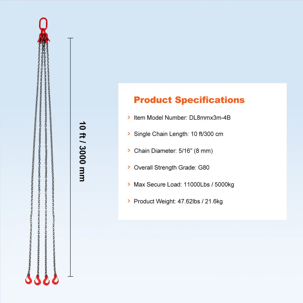VEVOR chain sling, 5/16 inch x 10 foot lifting chains with hooks, G80 engine chain hoists, 11000 lbs/5 ton lifting sling chains for engine hoists, engine lifting chain with 4 leg grab hook and adjusters