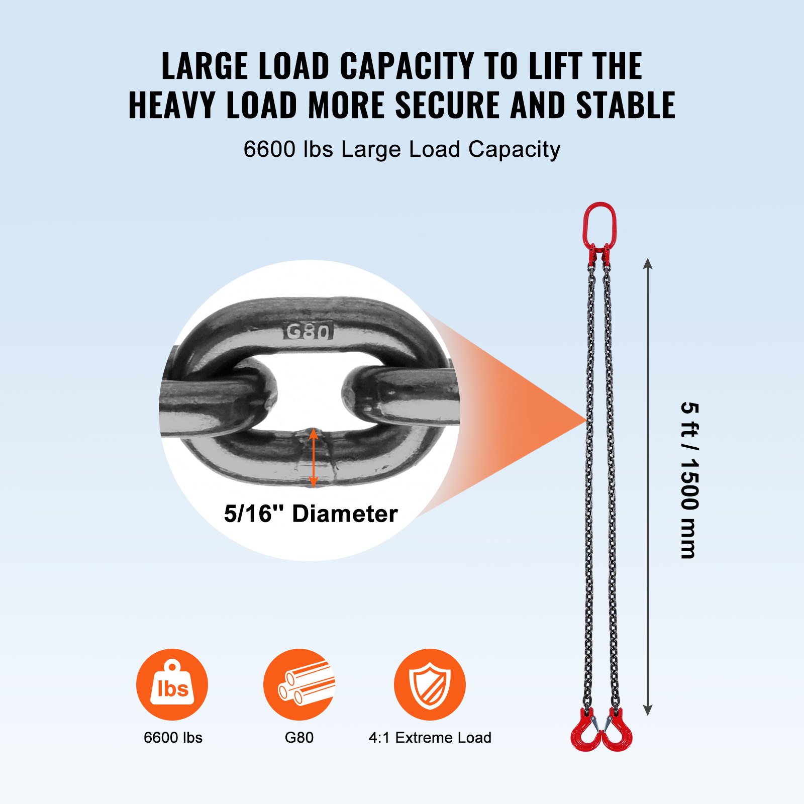 VEVOR chain sling, 5/16 inch x 5 foot lifting chains with hooks, G80 engine chain hoists, 6600 lbs/3 ton lifting capacity lifting sling chains for engine hoists, engine lifting chain with 2 leg grab hooks