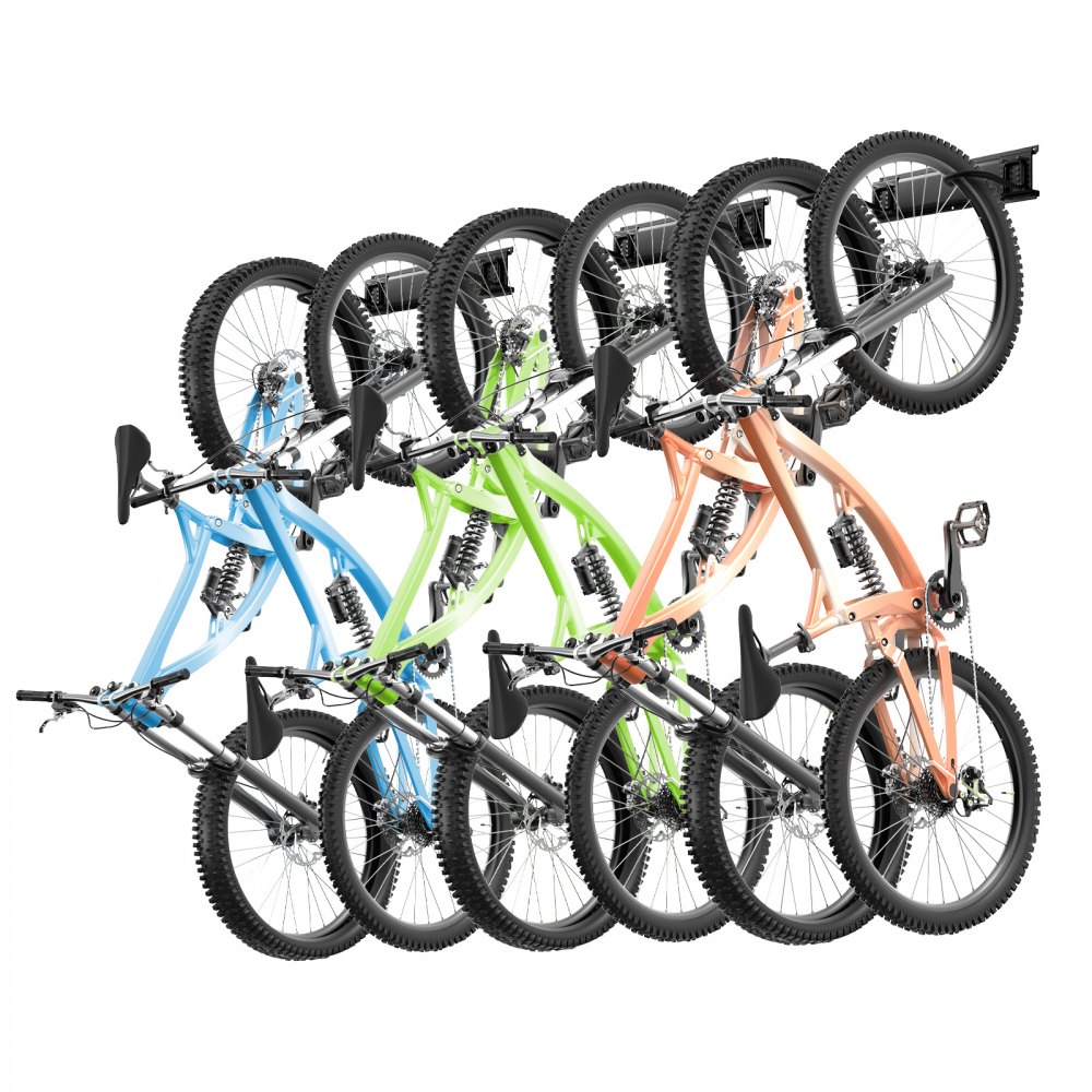 Vier Mountainbikes hängen an einem VEVOR-Fahrradständer und bieten einen farbenfrohen und übersichtlichen Auftritt.