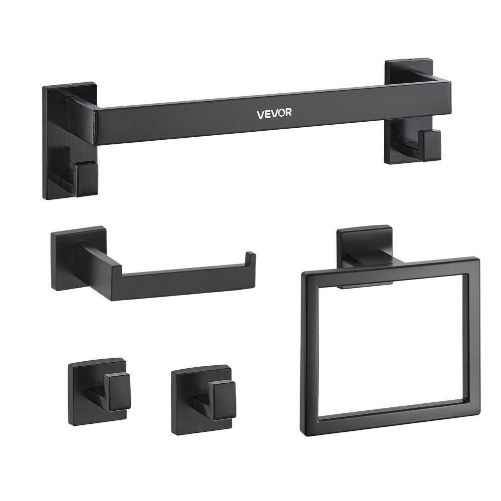 VEVOR Matte Black Bathroom Hardware Set, 5 Pieces Bathroom Accessories Set, Stainless Steel 16 inch Towel Bar, Towel Rack, 2 Robe Towel Hooks, Toilet Paper Holder for Bath Room, Wall Mounted