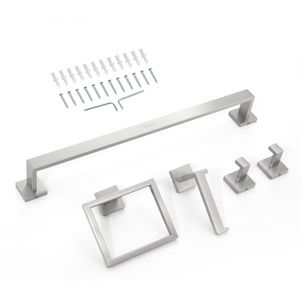 VEVOR Badezimmer Hardware Zubehör Set aus Edelstahl 304  (5-tlg.) inkl. Handtuchstange & Handtuchhalter (quadratischer Ring) & 2 Haken & Toilettenpapierhalter, für Badezimmer, Wandmontage Silber