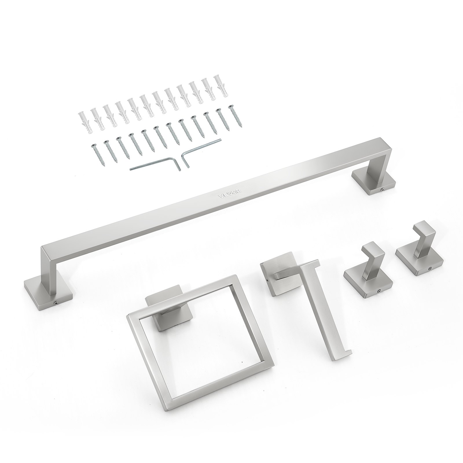 VEVOR Badezimmer Hardware Zubehör Set aus Edelstahl 304  (5-tlg.) inkl. Handtuchstange & Handtuchhalter (quadratischer Ring) & 2 Haken & Toilettenpapierhalter, für Badezimmer, Wandmontage Silber
