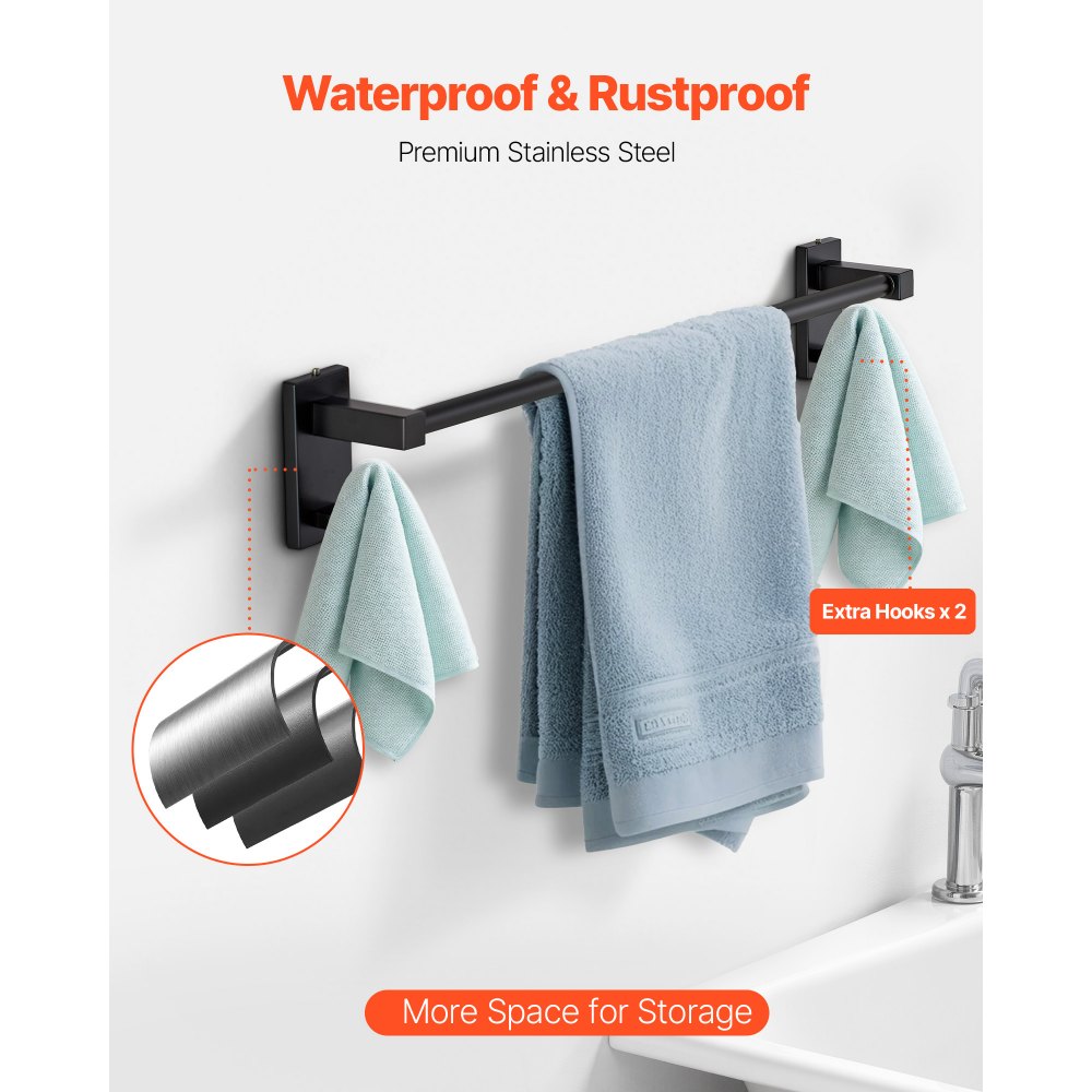 VEVOR Badezimmer Hardware Zubehör Set aus SUS201 Edelstahl (4-tlg.) inkl. Handtuchstange & Handtuchhalter (runder Ring) &  Haken & Toilettenpapierhalter, für Badezimmer, Wandmontage Schwarz