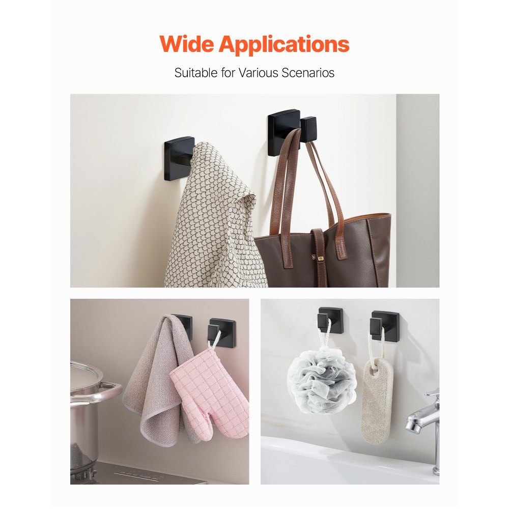 VEVOR Badezimmer Hardware Zubehör Set (10-tlg.) inkl. 2 Handtuchstangen & 2 Handtuchhalter (quadratischer Ring) & 2 4 Haken & 2 Toilettenpapierhalter, für Badezimmer, Wandmontage Mattschwarz