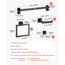 VEVOR Badezimmer Hardware Zubehör Set (10-tlg.) inkl. 2 Handtuchstangen & 2 Handtuchhalter (quadratischer Ring) & 2 4 Haken & 2 Toilettenpapierhalter, für Badezimmer, Wandmontage Mattschwarz