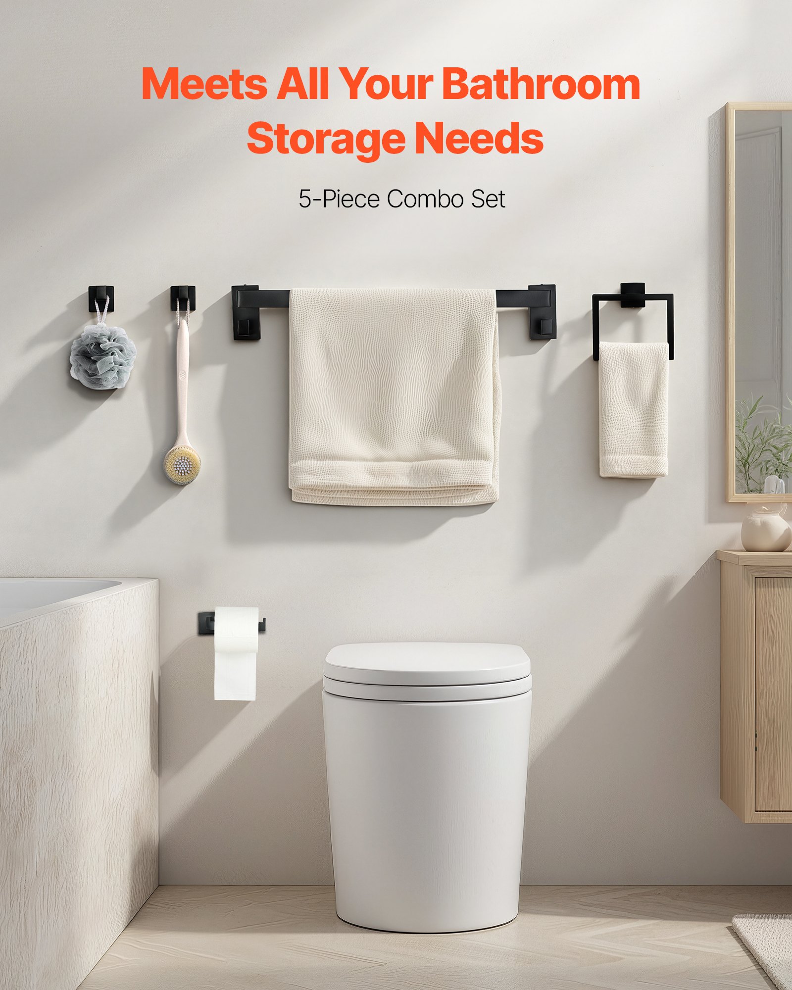 VEVOR Badezimmer Hardware Zubehör Set aus Edelstahl (5-tlg.) inkl. Handtuchstange & Handtuchhalter (quadratischer Ring) & 2 Haken & Toilettenpapierhalter, für Badezimmer, Wandmontage Schwarz