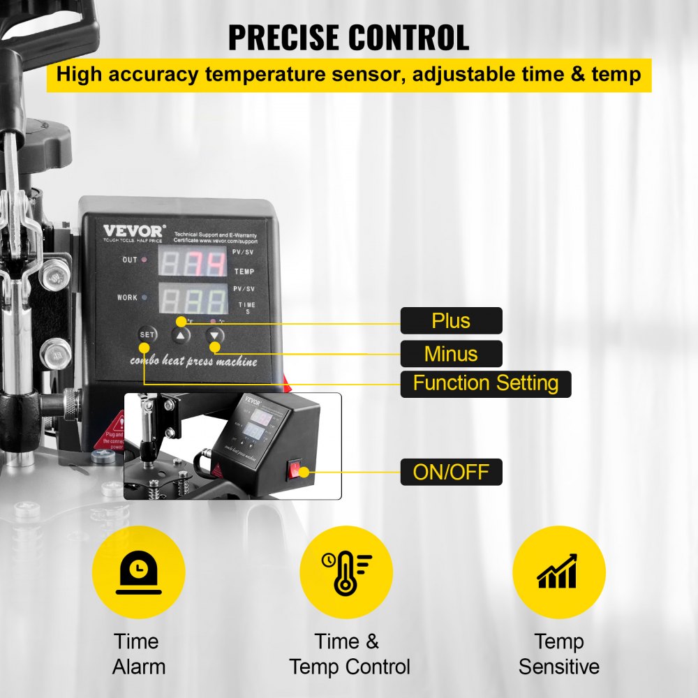 VEVOR 2-in-1 Transfer Press 25.4 x 30.5 cm, Heat Press 650 W, DIY Hot Press Caps Shirt Press, Temperature Range 0-250 °C, Time Control 0-999 s, 360° Swivel Base, Teflon Coating