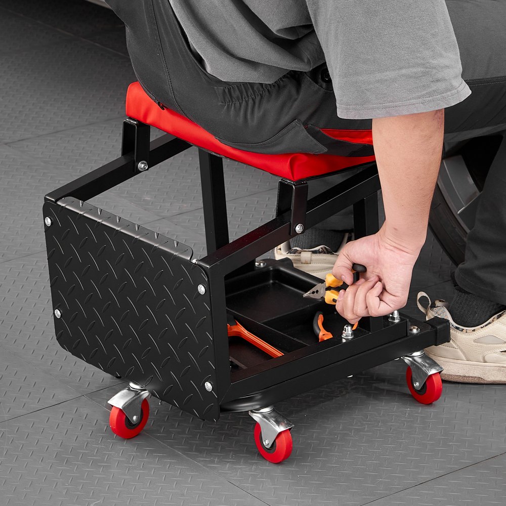 VEVOR Mechanikerhocker Garagensitz Arbeitshocker Werkstatthocker (136 kg belastbar) mit Rädern, 360° drehbarer Werkstatthocker mit Werkzeugablage, Tritthocker für Garage Werkstatt Autoreparatur