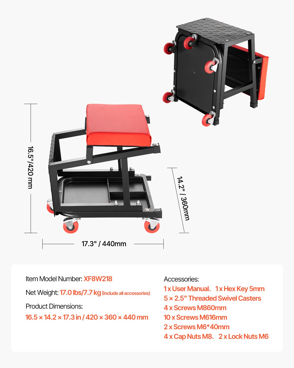 VEVOR Mechanikerhocker Garagensitz Arbeitshocker Werkstatthocker (136 kg belastbar) mit Rädern, 360° drehbarer Werkstatthocker mit Werkzeugablage, Tritthocker für Garage Werkstatt Autoreparatur